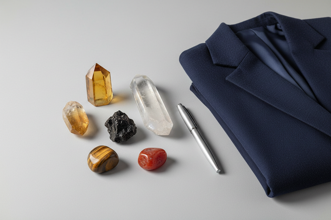 Assorted crystals like citrine, clear quartz, and tiger's eye next to a navy blazer and pen for interview confidence.
