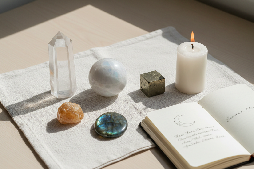 Flat lay of new moon manifestation crystals including moonstone sphere, clear quartz tower, citrine, labradorite, and pyrite arranged on white linen with a journal and candle