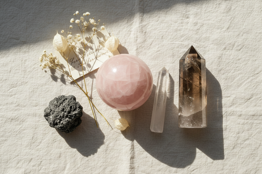 Rose Quartz sphere, Smoky Quartz tower, Clear Quartz point, and raw Black Tourmaline arranged on cream linen with dried white flowers and a handwritten note, healing crystals for pet loss gift guide
