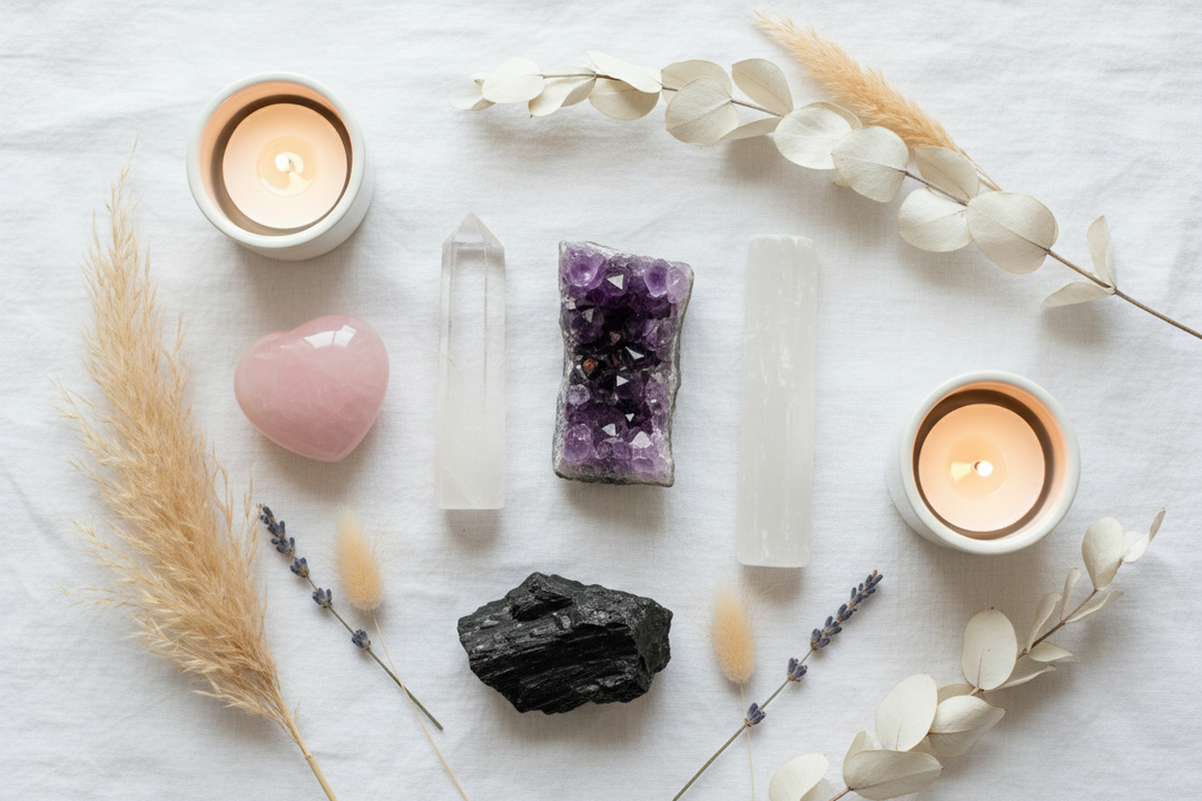 Reiki healing crystals including Clear Quartz, Amethyst, Selenite, Rose Quartz, and Black Tourmaline arranged on white linen with botanicals for energy healing and chakra balancing