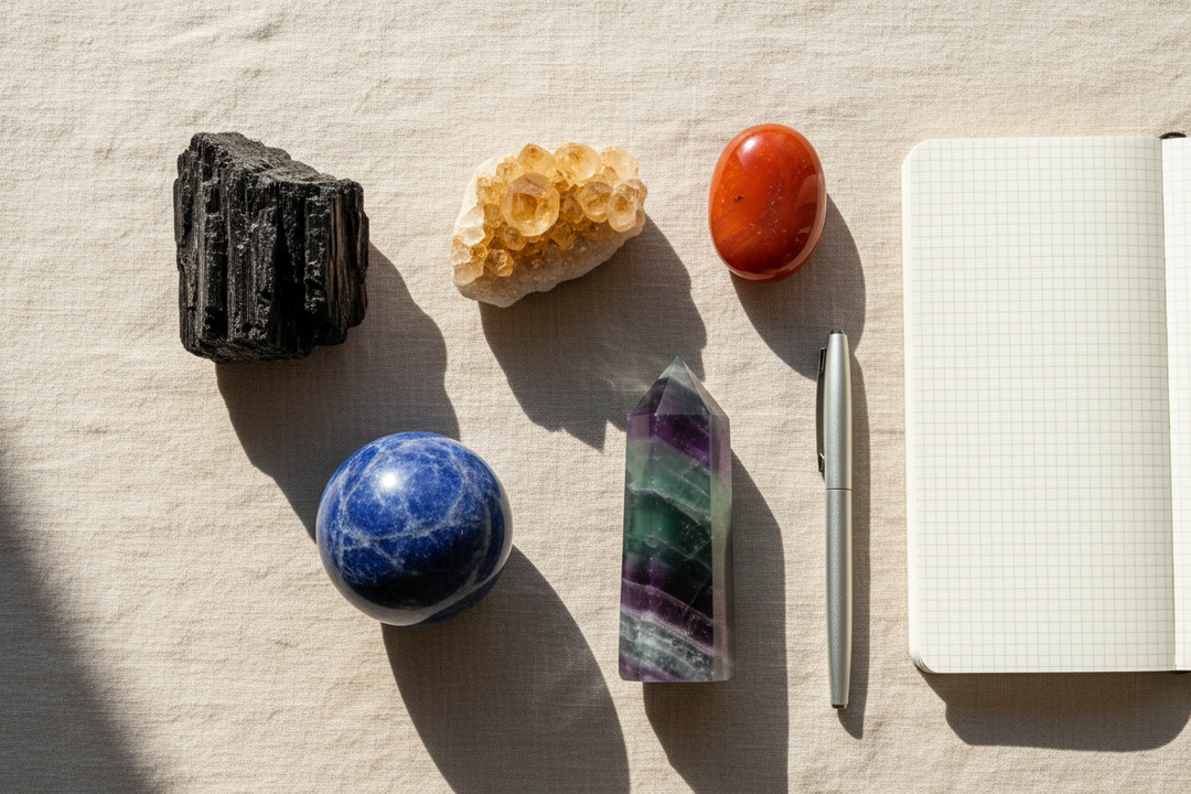 Assorted crystals: black tourmaline, citrine, carnelian, sodalite sphere, fluorite tower, with a pen and notebook.
