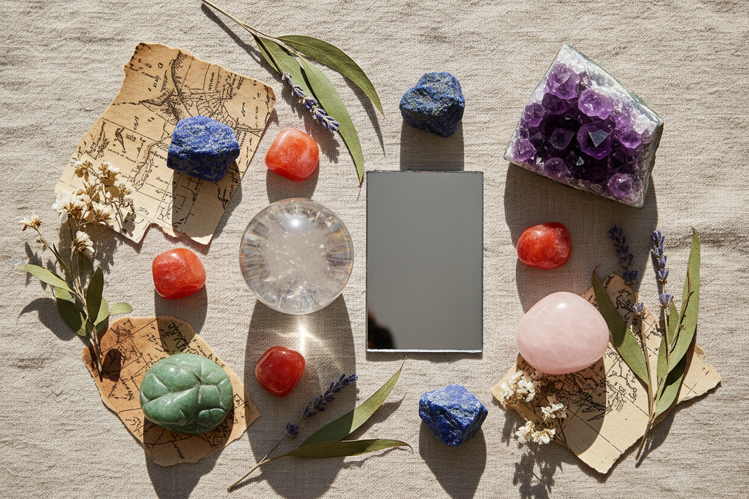 Flat lay of ancient sacred crystals including lapis lazuli, clear quartz sphere, obsidian, carnelian, amethyst, and rose quartz arranged on warm linen with dried botanicals and antique map fragments, soft natural light
