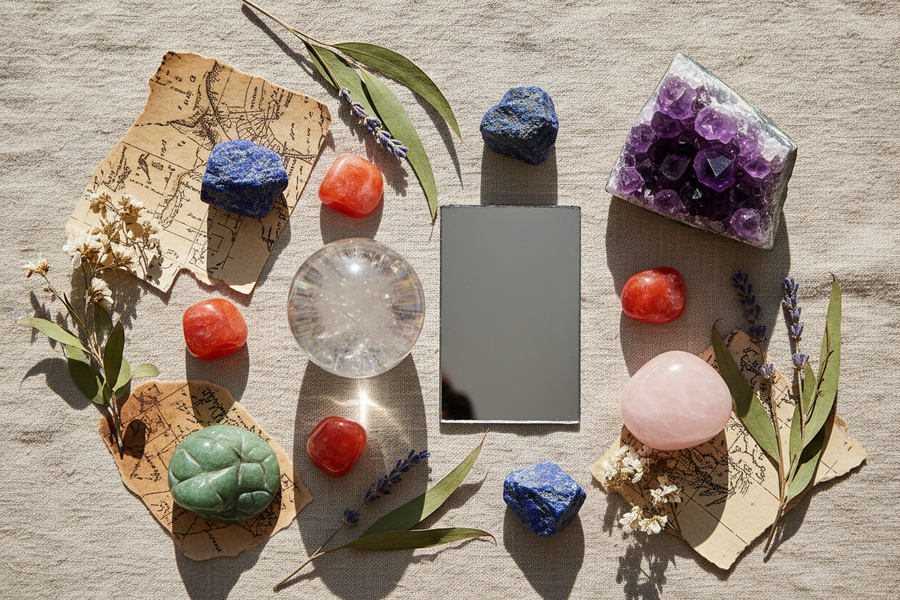 Flat lay of ancient sacred crystals including lapis lazuli, clear quartz sphere, obsidian, carnelian, amethyst, and rose quartz arranged on warm linen with dried botanicals and antique map fragments, soft natural light