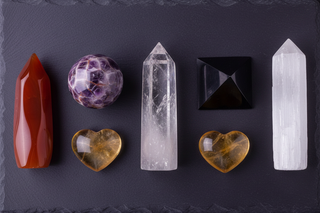 Assorted crystals: carnelian, amethyst sphere, clear quartz, black tourmaline, selenite, and citrine hearts.