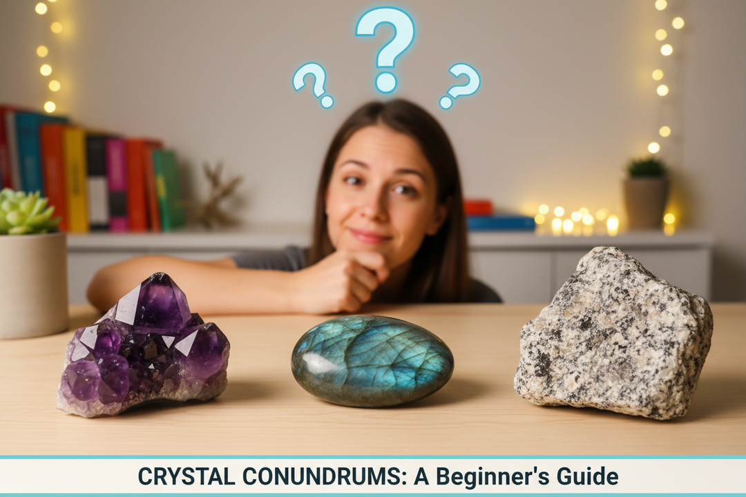 Woman pondering amethyst, labradorite, and granite, representing crystals, minerals, and rocks.