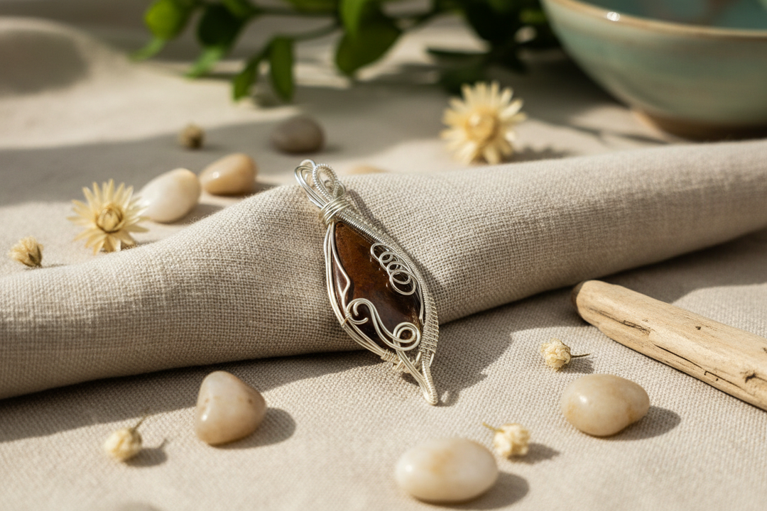 Dendritic Agate pendant with intricate silver wire wrap, resting on linen with small stones and dried flowers.