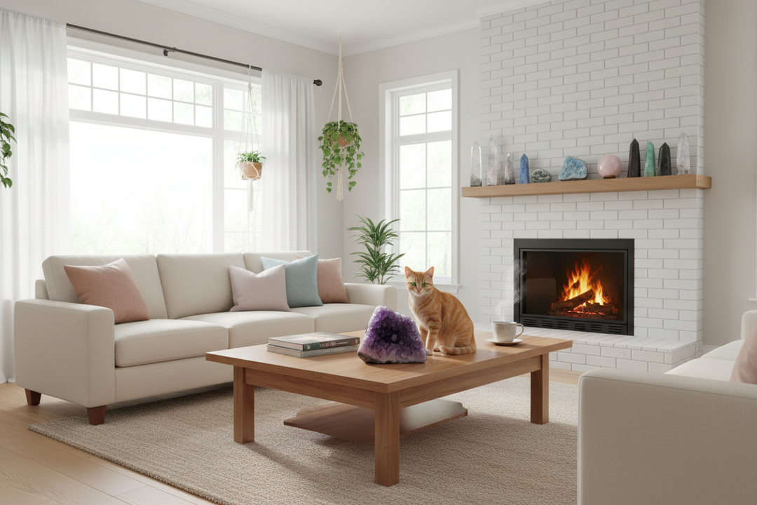 Orange cat on a coffee table next to a large amethyst geode, with various crystals on the fireplace mantle.