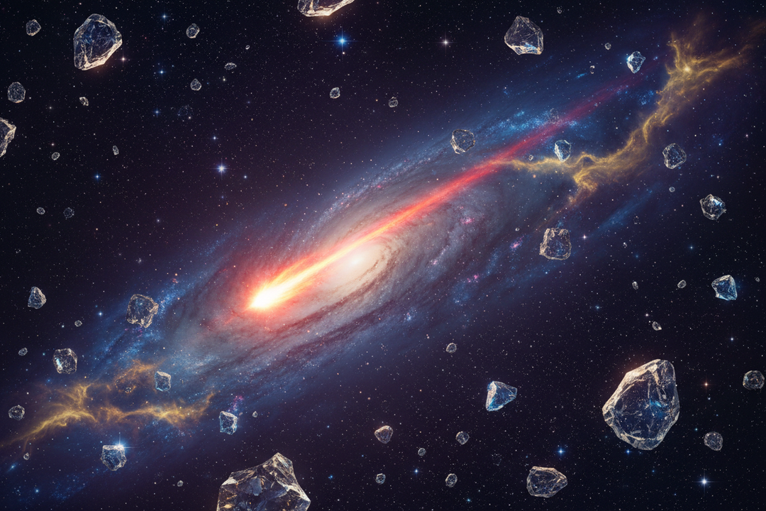 Sparkling crystals drift through a vibrant galaxy with a glowing red core, hinting at cosmic formations.