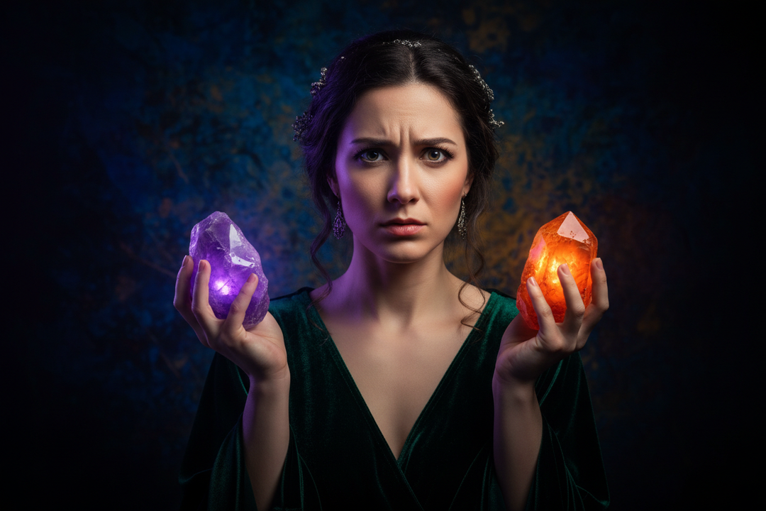 Woman in green holding glowing purple and orange crystals, pondering their energies for Crystal Destiny.
