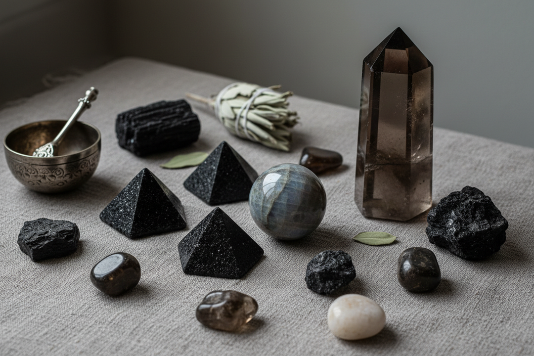Assortment of dark and light crystals, including pyramids, spheres, and raw stones, for spiritual healing.
