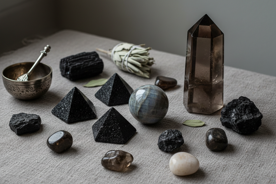 Assortment of dark and light crystals, including pyramids, spheres, and raw stones, for spiritual healing.
