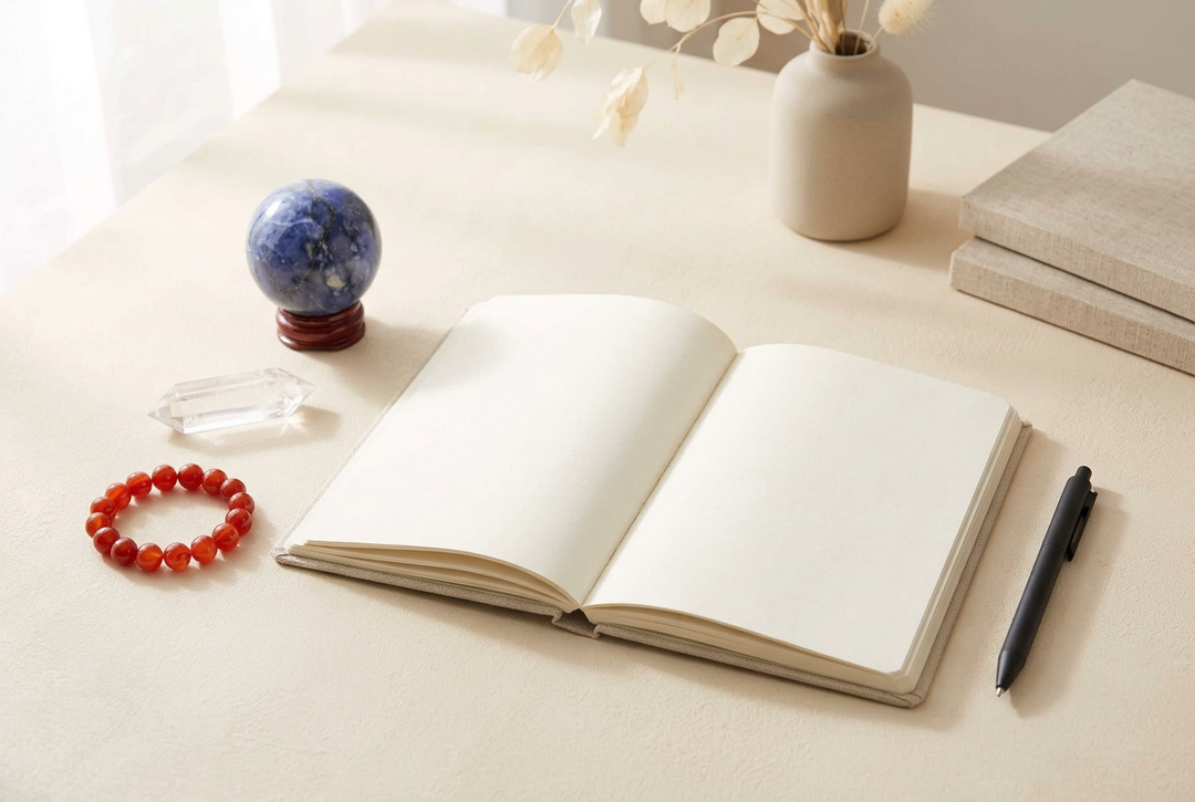 Sodalite sphere, Clear Quartz point, and Carnelian bracelet beside an open notebook and pen on a cream desk.