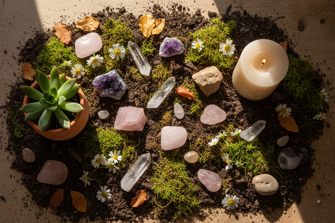 An assortment of natural crystals and raw stones arranged on dark soil with green moss, wildflowers, and fallen leaves. A lit candle and small succulent sit nearby in warm morning light. Earth Day crystal gratitude.
