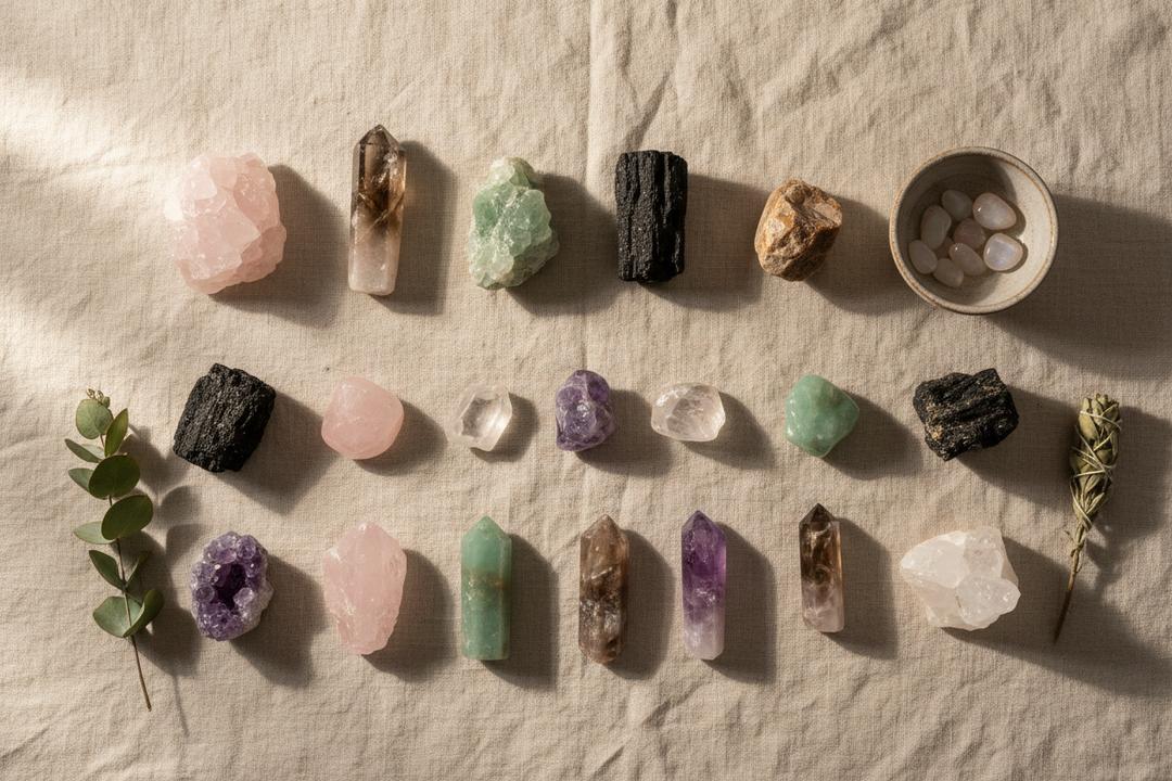 A flat lay of ethically sourced healing crystals arranged on warm linen,  bathed in soft natural light with green leaf accents — a mindful crystal  collection curated with intention and care.