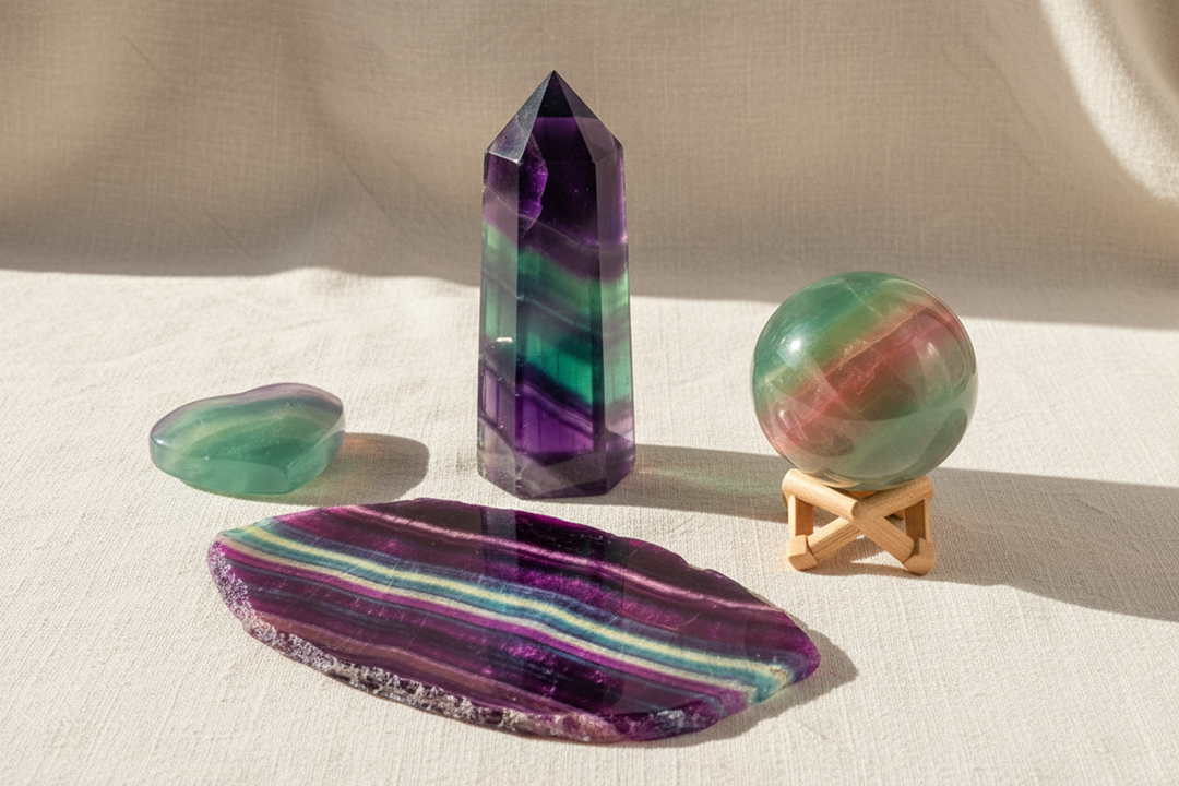 A bright, airy flat lay of fluorite crystals including a rainbow fluorite XL tower, heart, crystal slice, and watermelon fluorite sphere, arranged on warm white linen with soft natural light.
