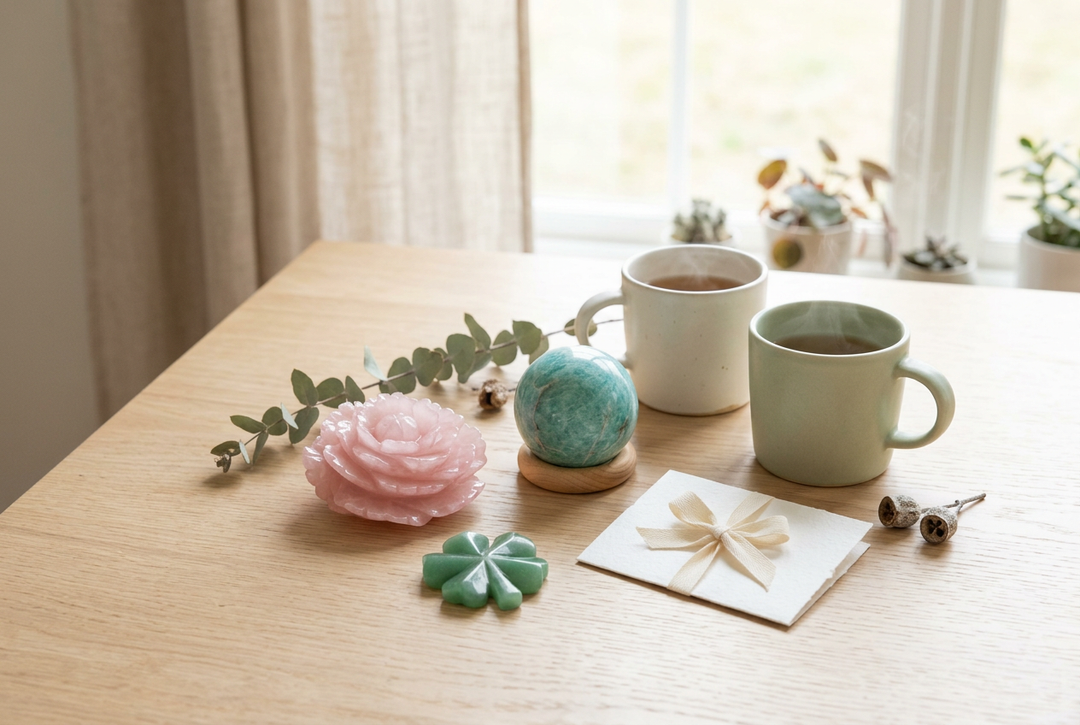 Rose Quartz peony, Amazonite sphere, and Green Aventurine clover beside two ceramic mugs and a gift card.
