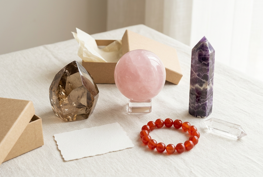 Rose quartz sphere, amethyst tower, smoky quartz freeform, carnelian bracelet, and clear quartz point arranged with gift boxes on ivory linen