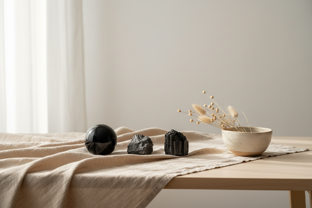 Obsidian, Shungite, and Black Tourmaline crystals arranged on warm neutral linen in a bright, airy spa-inspired setting