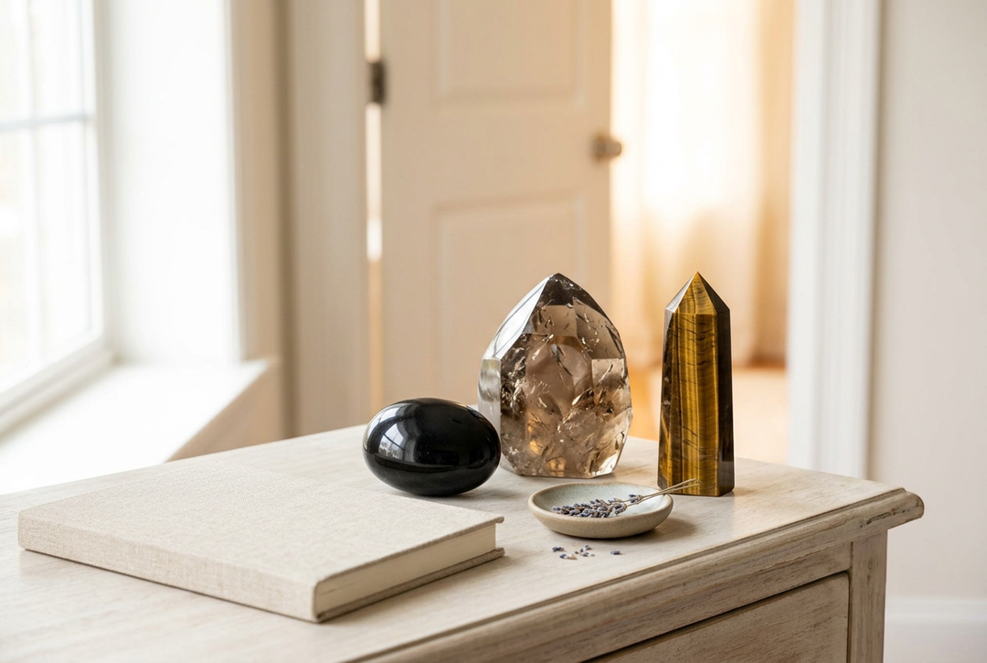Black Tourmaline palm stone, Smoky Quartz freeform, and Tiger's Eye tower beside a closed notebook on a wooden console.