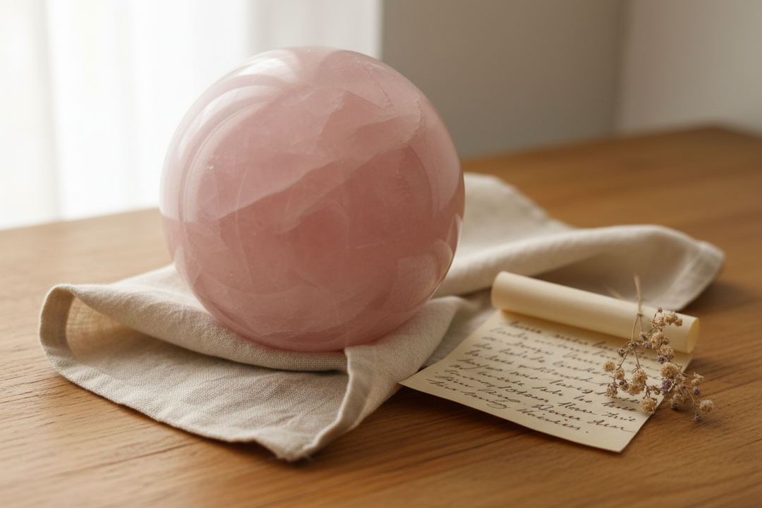 A rose quartz sphere rests on folded cream linen beside a handwritten note and a dried flower sprig, bathed in soft natural window light — evoking the quiet beauty of crystals passed down through generations.
