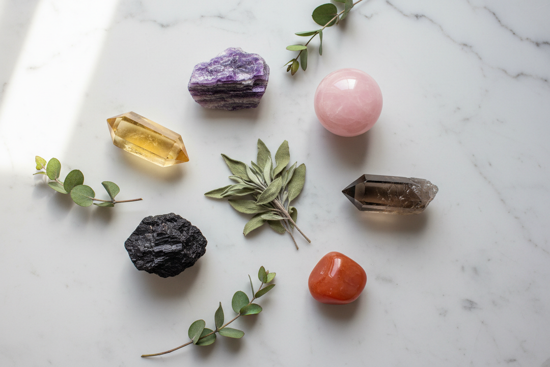 Assorted healing crystals including amethyst, citrine, and rose quartz arranged with sage leaves on a white marble surface.