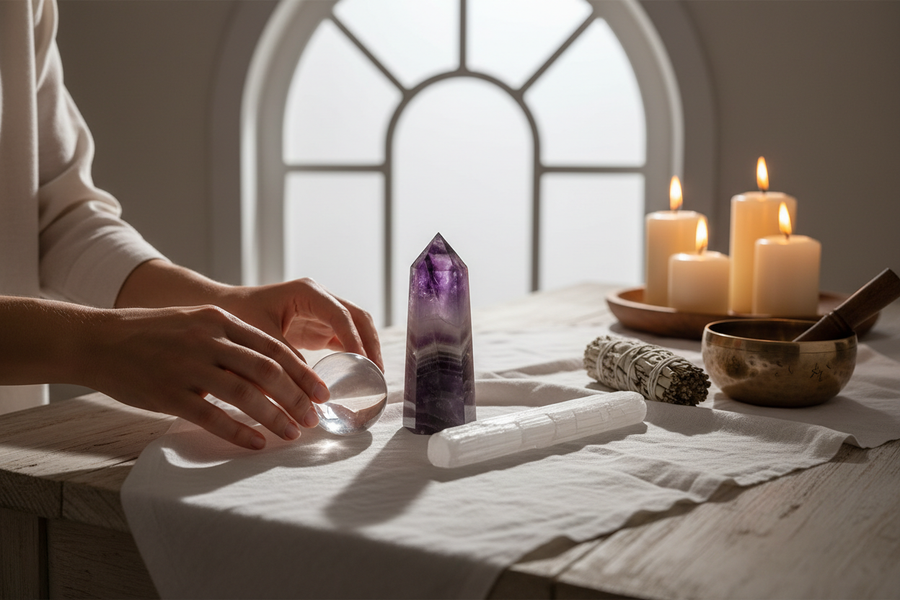 Woman's hands arranging crystals including an amethyst tower, selenite wand, and clear quartz sphere on white linen by moonlight, with a sage bundle and singing bowl nearby.
