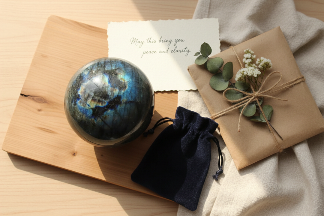 Iridescent labradorite sphere, velvet pouch, and a thoughtful gift card for Crystal Destiny.