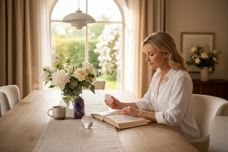 Middle-aged woman reading an open crystal book at a wooden table, holding a rose quartz crystal, with an amethyst tower, clear quartz sphere, fresh flowers, and a coffee mug in a warm sunlit home.