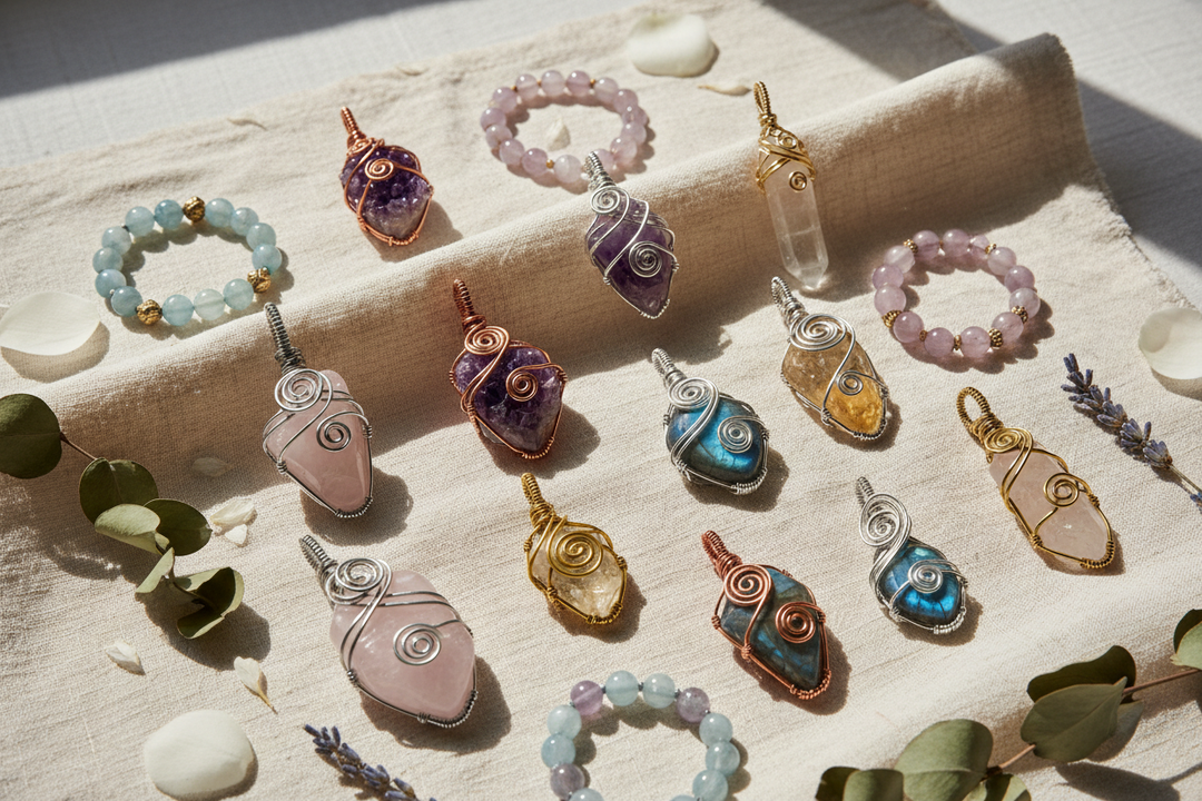 Wire wrap crystal pendants and intention bracelets arranged on white linen, featuring rose quartz, amethyst, labradorite, citrine, and clear quartz stones for crystal intention setting.