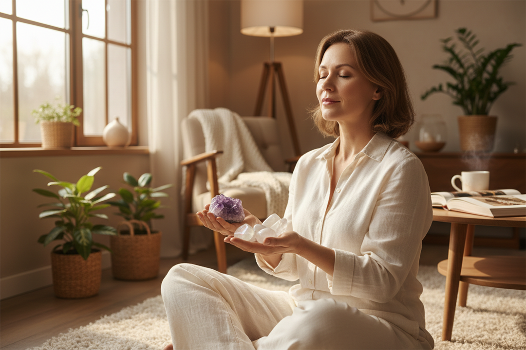 Woman meditating with amethyst and clear quartz crystals from Crystal Destiny for patience.