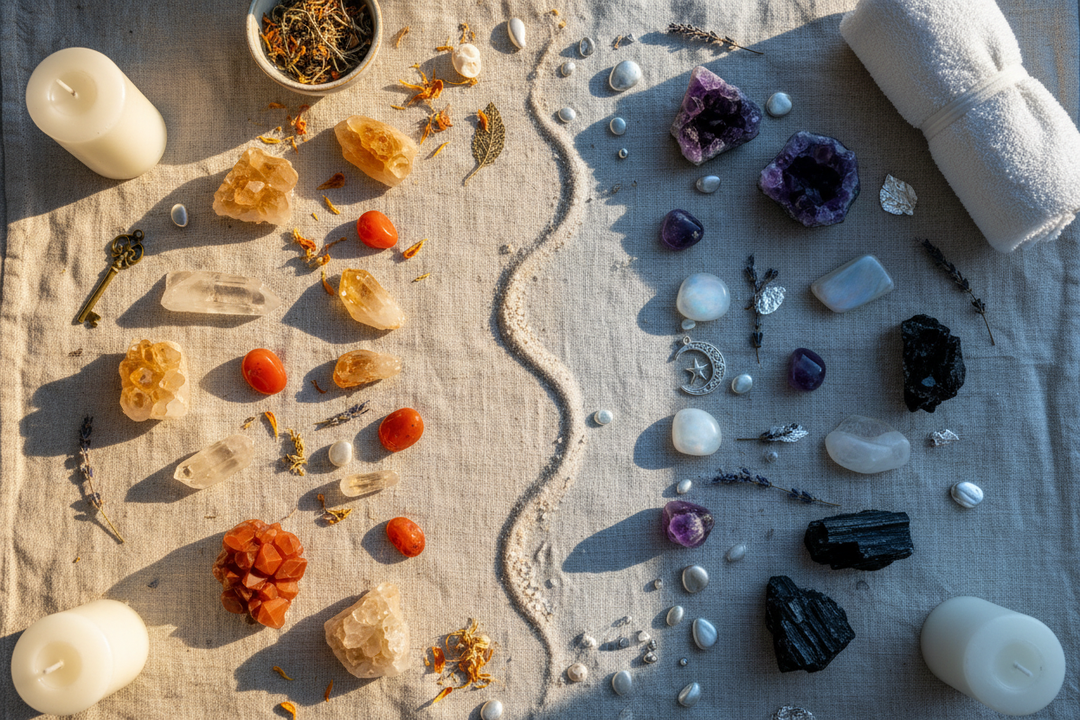 Warm and cool crystals, like citrine and amethyst, arranged on linen for morning and night energy.