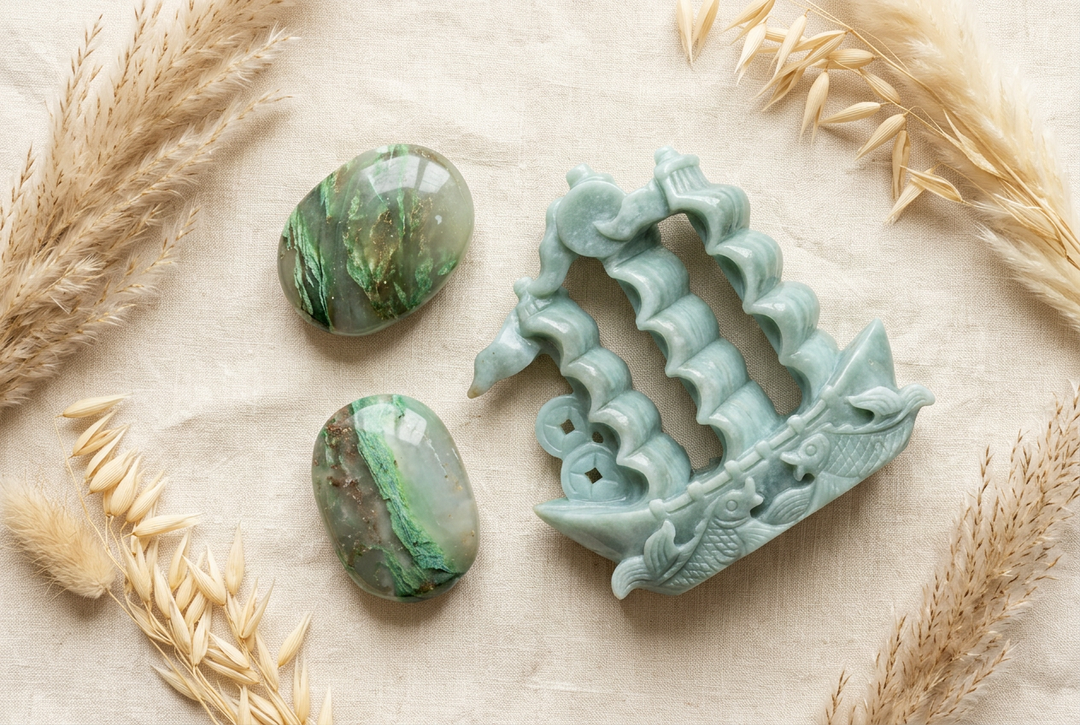 Two polished African jade palm stones and a green jade carved sailboat on warm cream linen with dried botanicals.