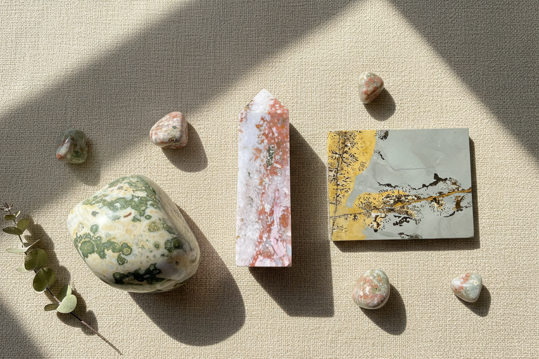 A bright, airy flat lay of jasper crystals including an Ocean Jasper tower, Picture Jasper slab, and Ocean Jasper freeform arranged on warm neutral linen with soft natural light.