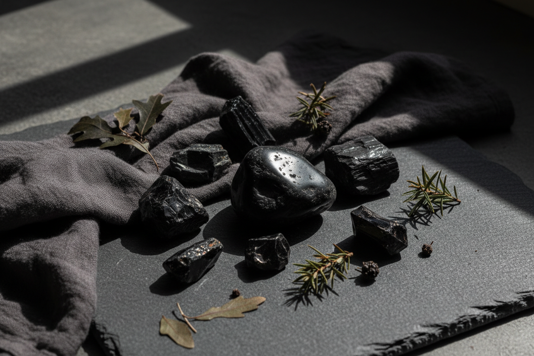 Rough and polished black jet stones on a dark slate, with a gray cloth and pine needles, for Crystal Destiny.