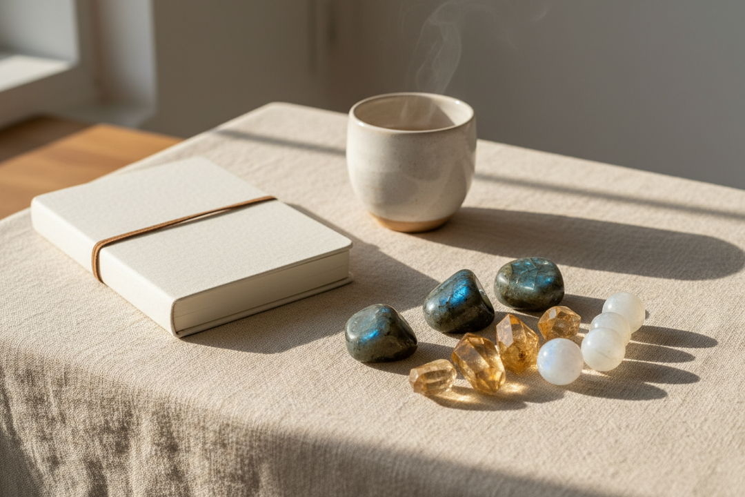 Labradorite, Citrine, and Moonstone crystals arranged on warm ivory linen beside a journal in soft morning light