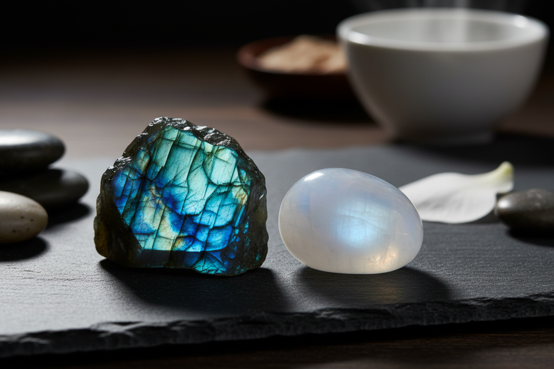 Rough labradorite with blue flash next to a polished moonstone, both glowing on a dark surface.