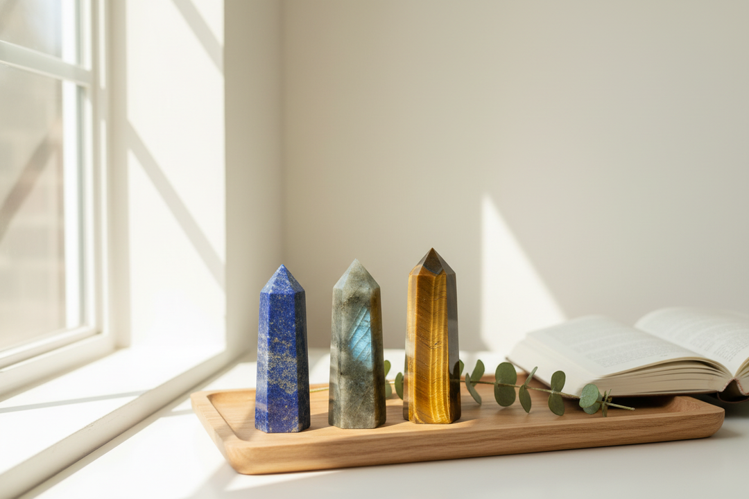 Lapis Lazuli, Labradorite, and Tiger's Eye crystal towers arranged on a pale oak tray beside a sunlit window