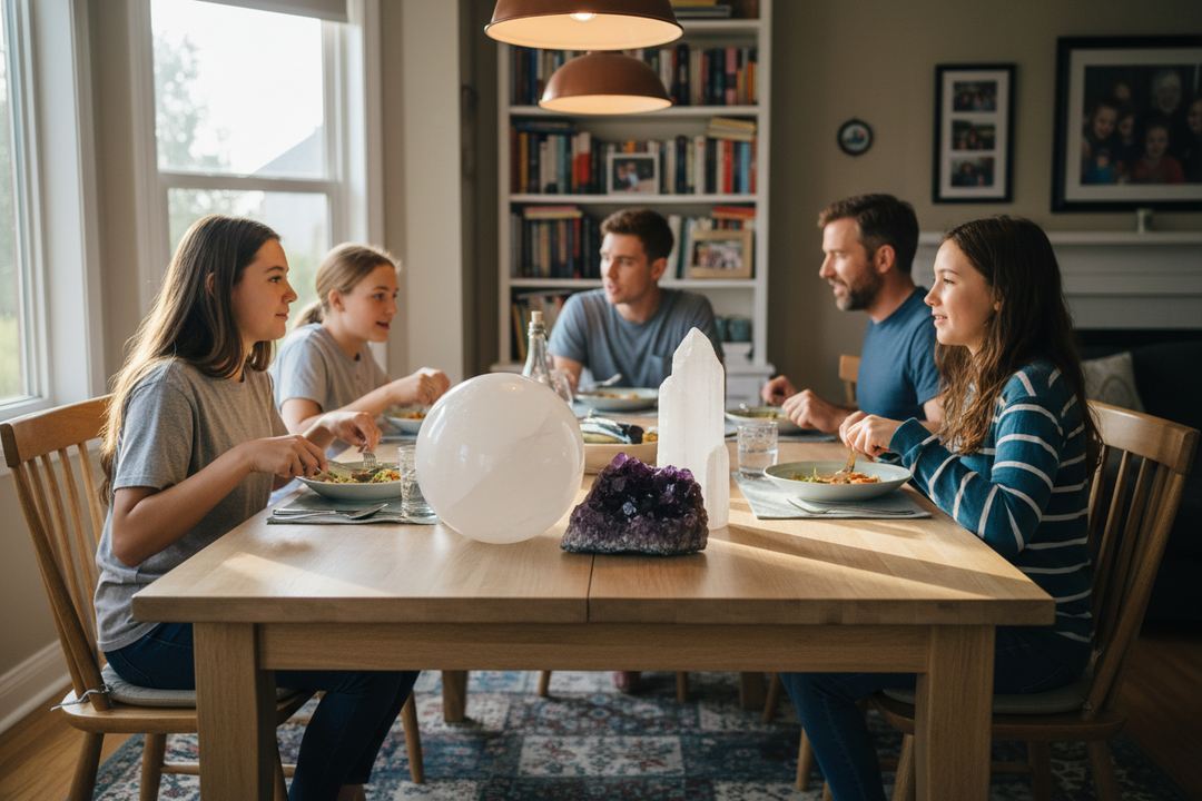 Large statement crystals arranged on a family dining table