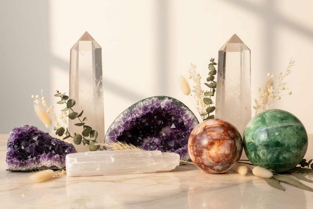 Large amethyst clusters, quartz points, selenite log, hematoid fire quartz sphere, and green fluorite sphere arranged on a warm linen surface with soft natural light
