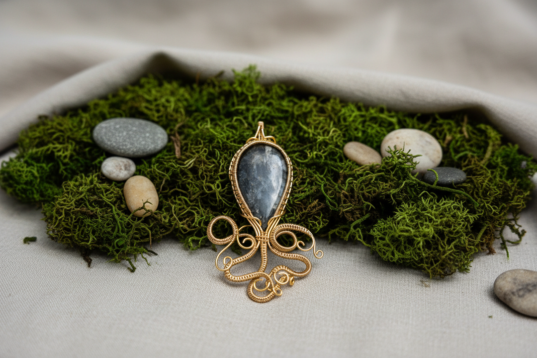 Larvikite crystal pendant with gold wire wrap, nestled in green moss and river stones.
