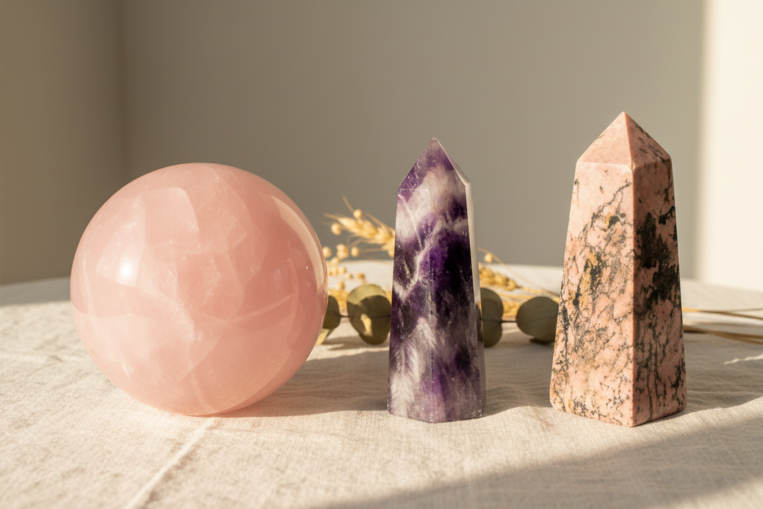 Rose Quartz sphere, Amethyst tower, and Rhodonite tower arranged on white linen with dried botanicals — crystals for love and relationships