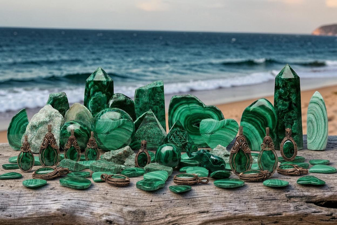 Assorted pieces of Malachite Crystals on a log by the beach.