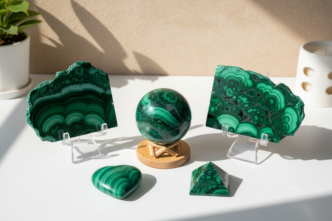 Polished Malachite crystal collection featuring three slices on stands, a sphere, pyramid, and heart with bold swirling green banding — Crystal Destiny