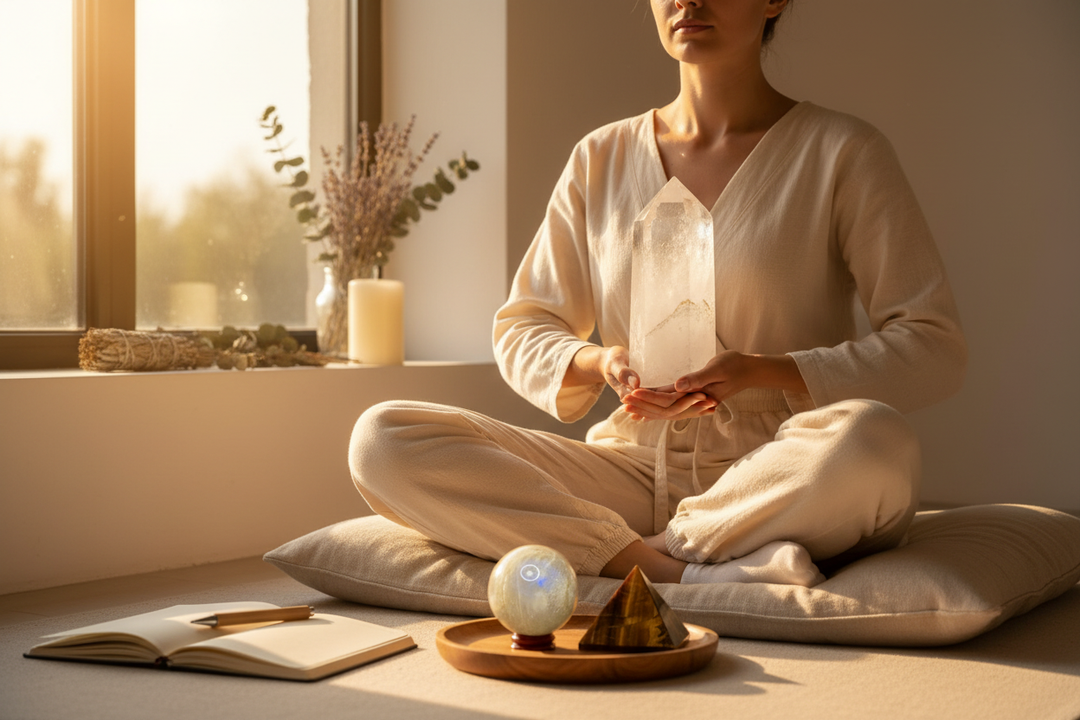 Person sitting in meditation holding a Clear Quartz tower, with a Moonstone sphere and Tiger's Eye pyramid on a wooden tray nearby, open journal and candle in warm morning light, crystal manifestation practice