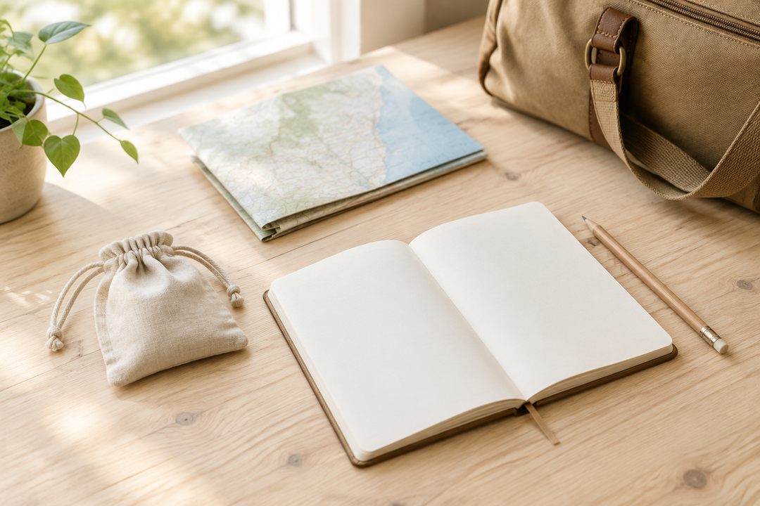 Linen crystal pouch, travel journal, and folded map beside a canvas bag in soft natural light.