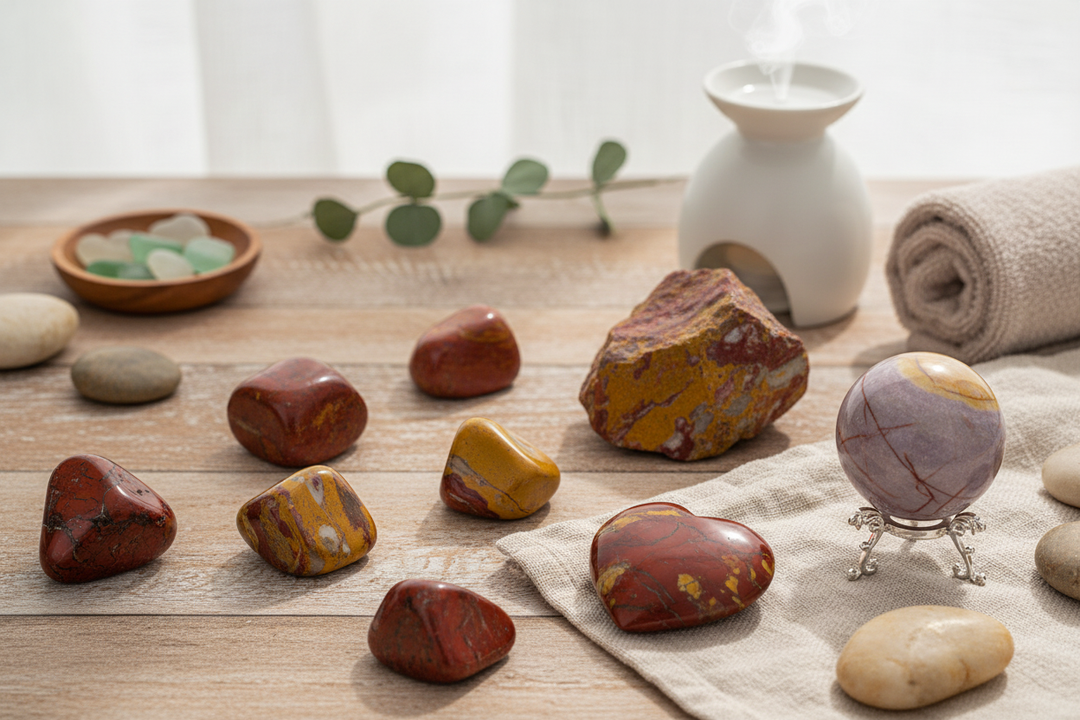 Mookaite Jasper crystals in various shapes, including tumbled stones and a sphere, with an incense diffuser.