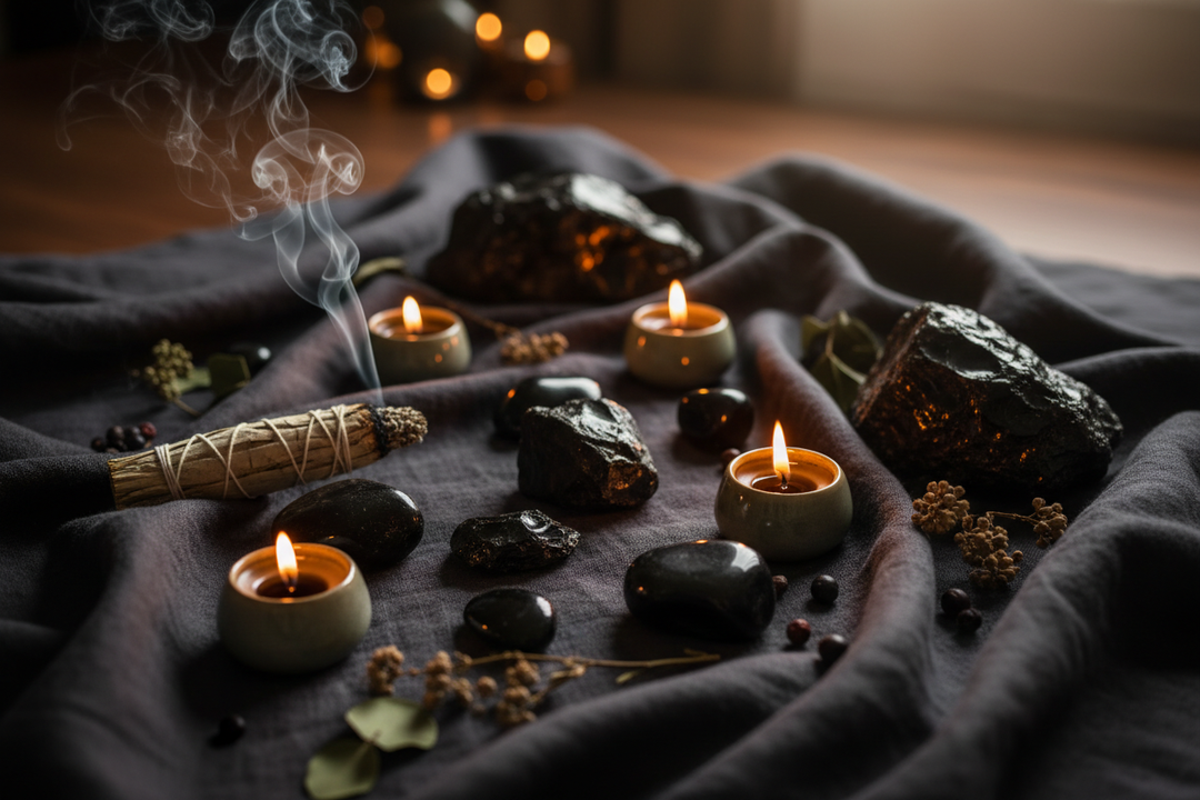 "Black obsidian crystals on dark linen with candlelight and sage — Crystal Destiny"