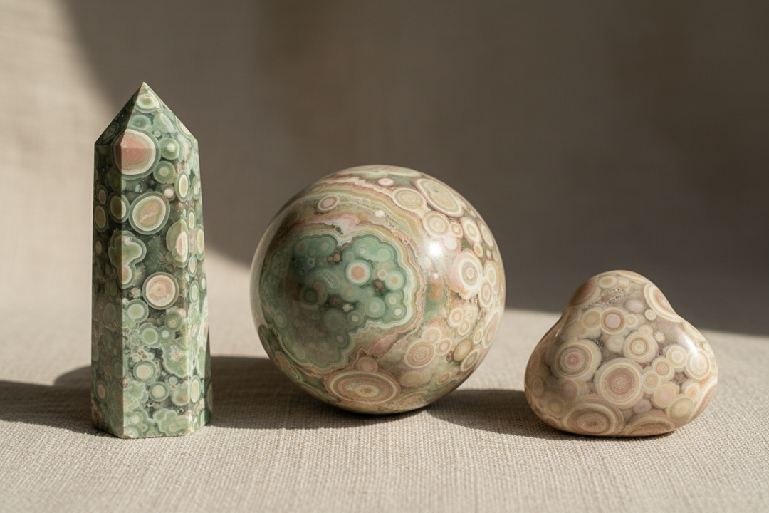 Polished Ocean Jasper crystals in various shapes: a tower, sphere, and freeform, showcasing green and cream orb patterns.