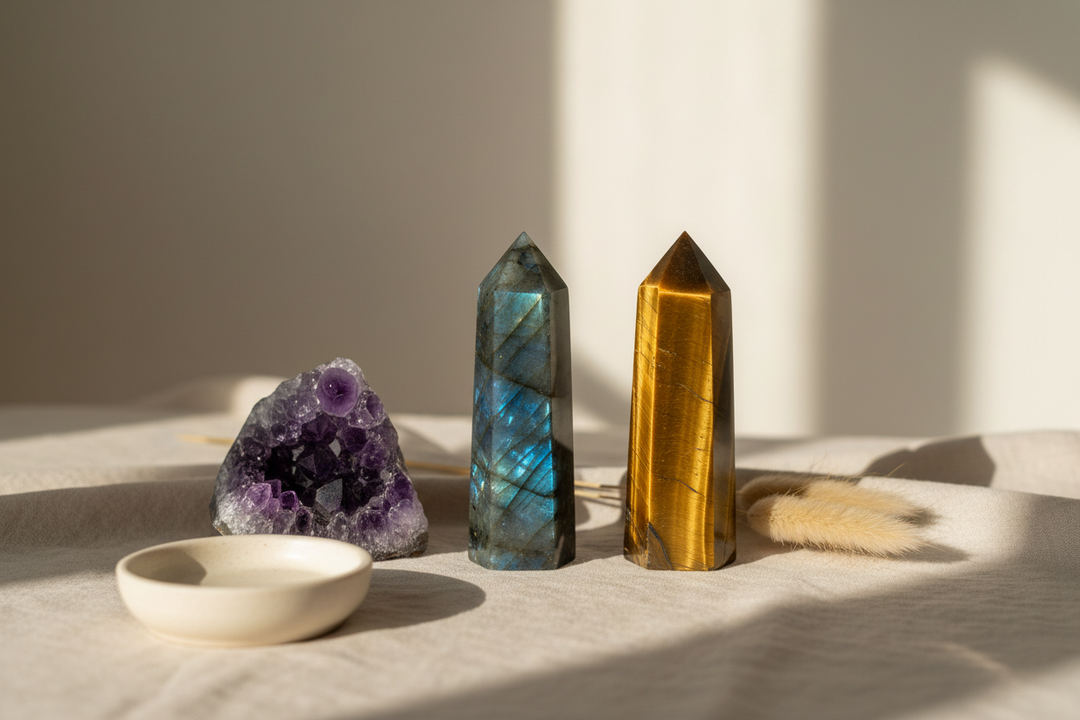 Labradorite, Amethyst, and Tiger's Eye crystal towers arranged on soft cream linen in warm natural light, symbolizing personal growth and transformation