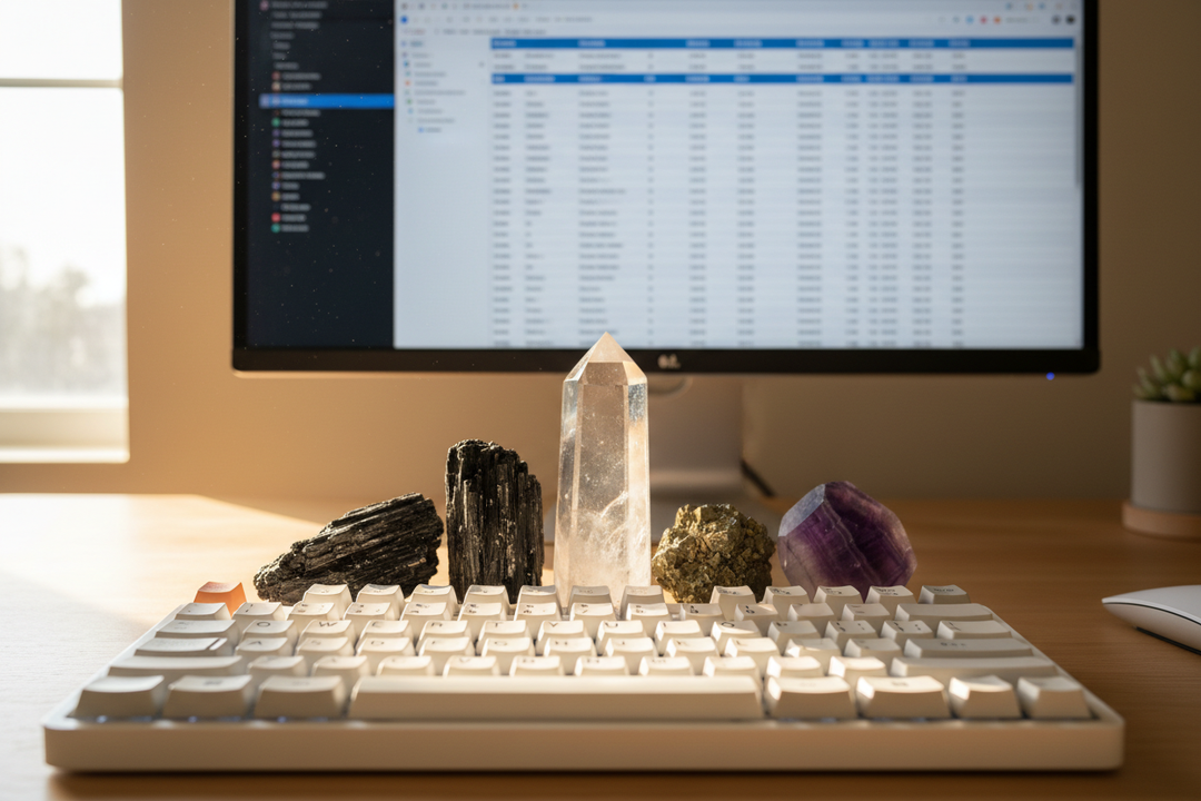Healing crystals including clear quartz tower, black tourmaline, pyrite, and fluorite arranged on a home office desk behind a keyboard with a spreadsheet open on the monitor